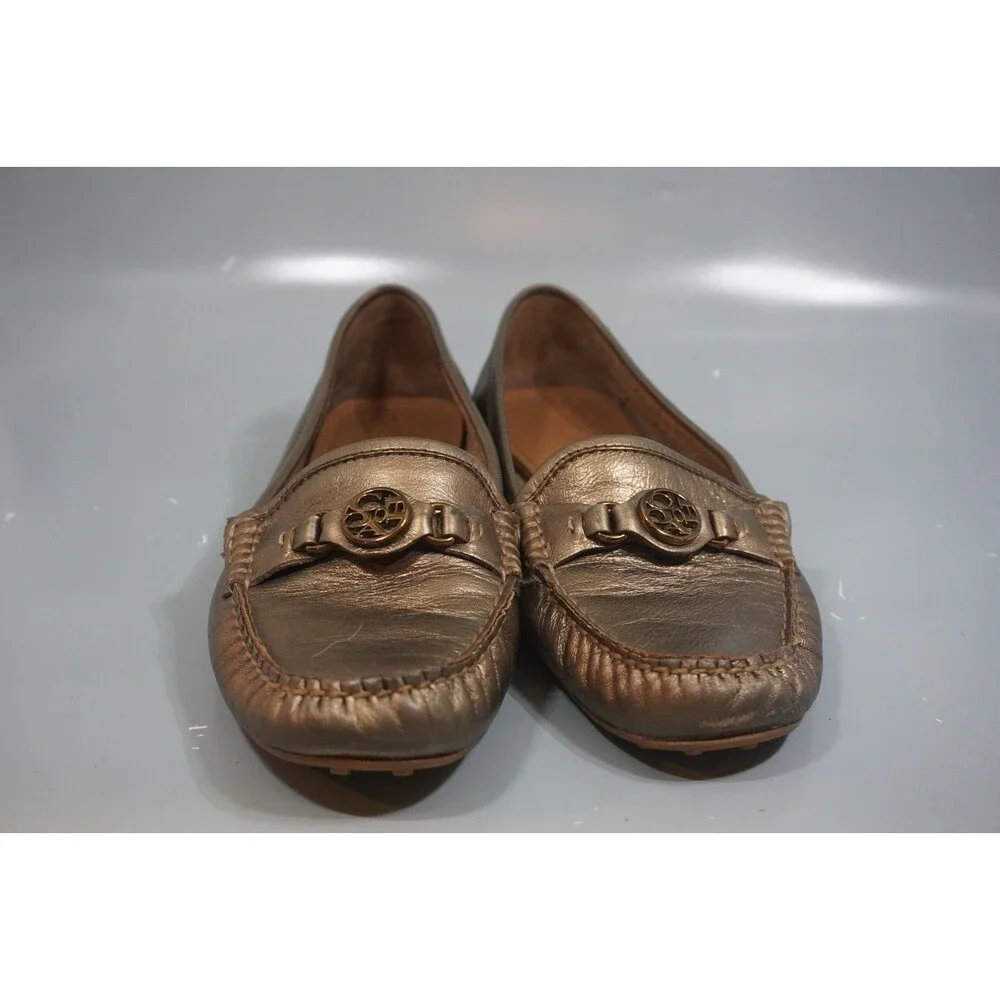 Coach Fonda Womens 7.5B Gold Patent Leather Driving Loafers Moccasin Flats Logo